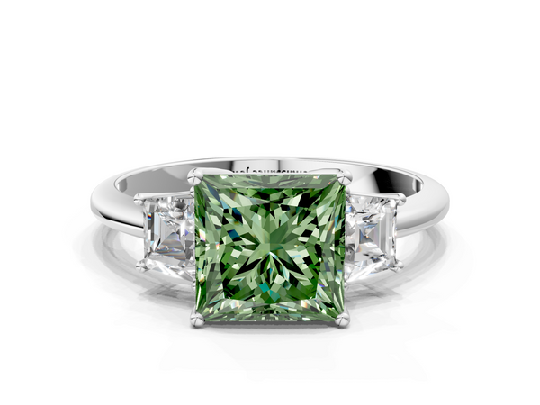 White gold Fancy Green Princess  Diamond Three-Stone Ring with Trapezoid Side Stones and Prong Setting