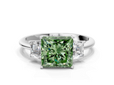 White gold Fancy Green Princess  Diamond Three-Stone Ring with Trapezoid Side Stones and Prong Setting