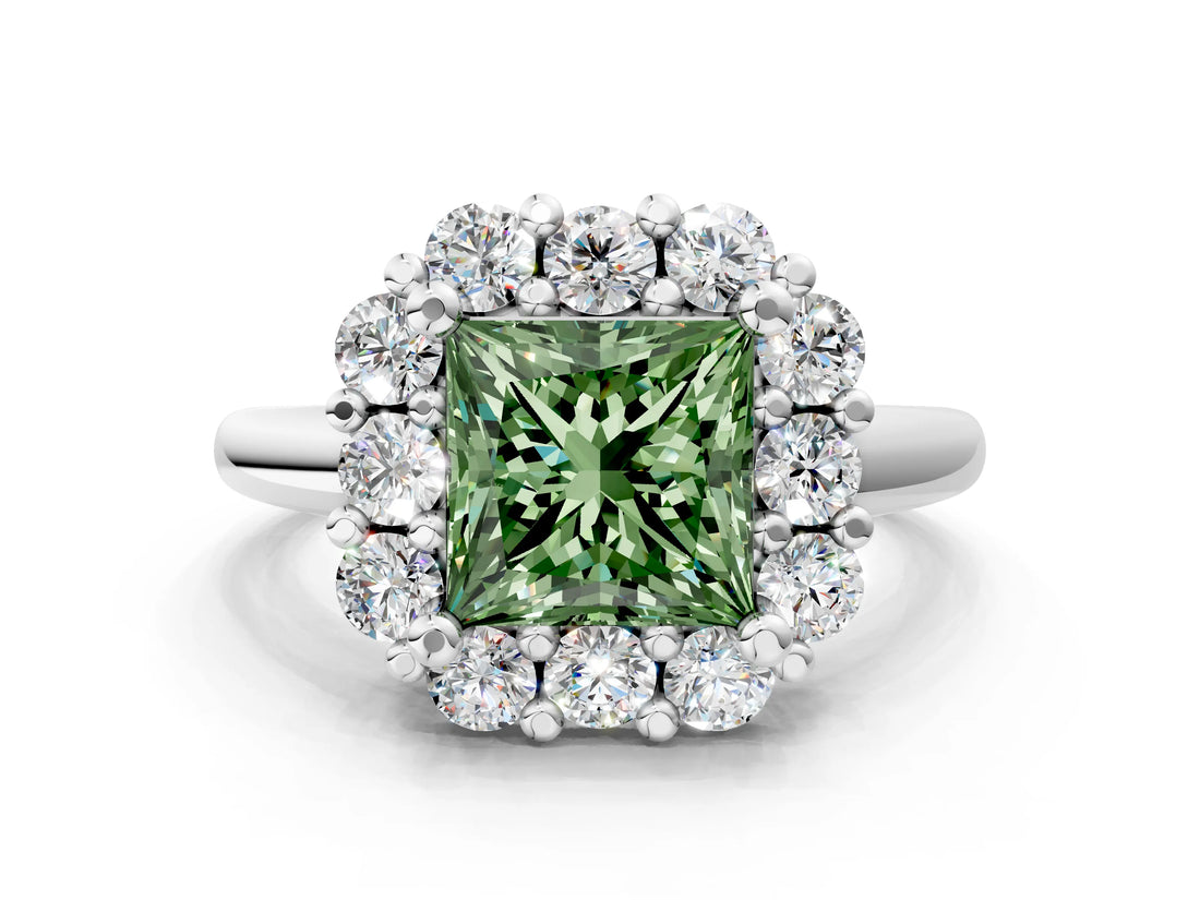 White gold Fancy Green Princess  Halo Cluster Diamond Engagement Ring with Prong Setting and Polished Band_19
