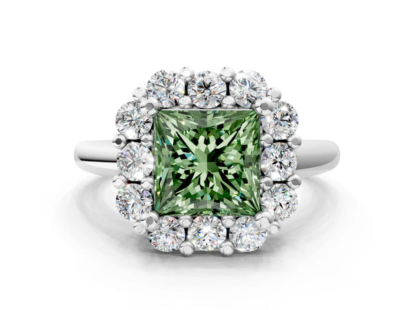 White gold Fancy Green Princess  Halo Cluster Diamond Engagement Ring with Prong Setting and Polished Band