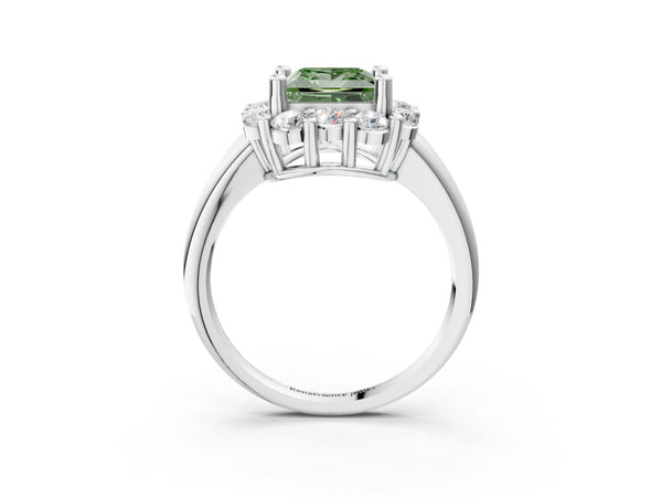 White gold Fancy Green Princess  Halo Cluster Diamond Engagement Ring with Prong Setting and Polished Band