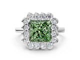 White gold Fancy Green Princess  Halo Cluster Diamond Engagement Ring with Solitaire Band and Prong Setting_48