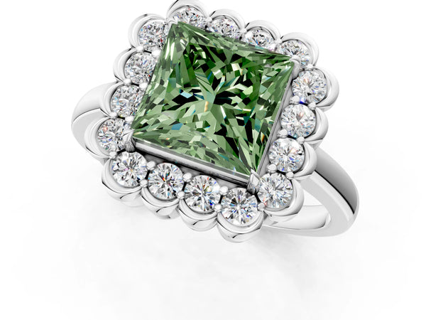 Platinum Fancy Green Princess  Halo Cluster Diamond Engagement Ring with Solitaire Band and Prong Setting