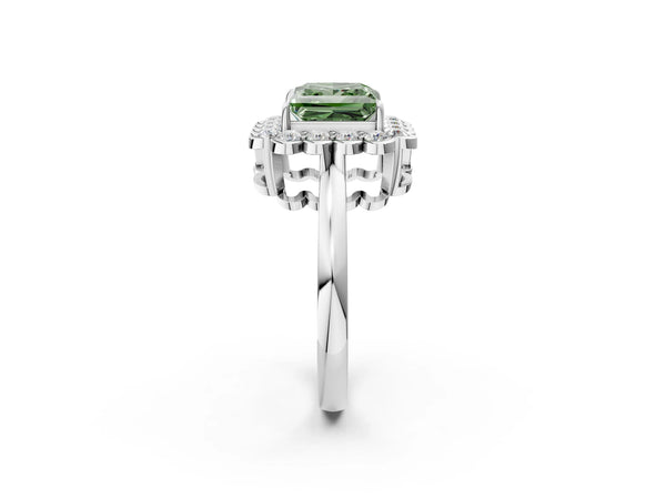 Platinum Fancy Green Princess  Halo Cluster Diamond Engagement Ring with Solitaire Band and Prong Setting