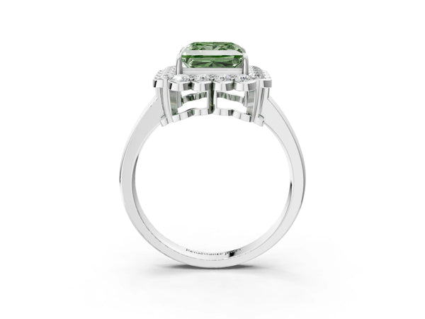 Platinum Fancy Green Princess  Halo Cluster Diamond Engagement Ring with Solitaire Band and Prong Setting
