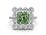 White gold Fancy Green Princess  Halo Diamond Cluster Engagement Ring with Milgrain Bezel Setting and Solitaire Band_63