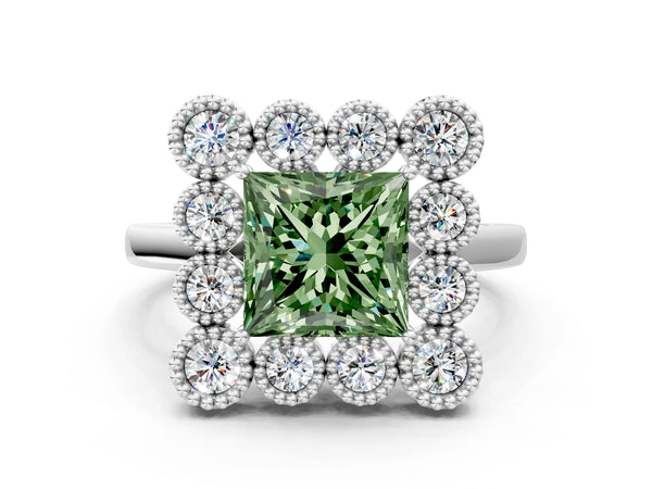 Platinum Fancy Green Princess  Halo Diamond Cluster Engagement Ring with Milgrain Bezel Setting and Solitaire Band