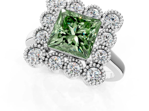 Platinum Fancy Green Princess  Halo Diamond Cluster Engagement Ring with Milgrain Bezel Setting and Solitaire Band