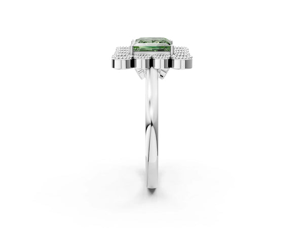 Platinum Fancy Green Princess  Halo Diamond Cluster Engagement Ring with Milgrain Bezel Setting and Solitaire Band
