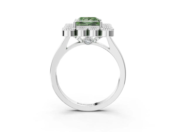 Platinum Fancy Green Princess  Halo Diamond Cluster Engagement Ring with Milgrain Bezel Setting and Solitaire Band