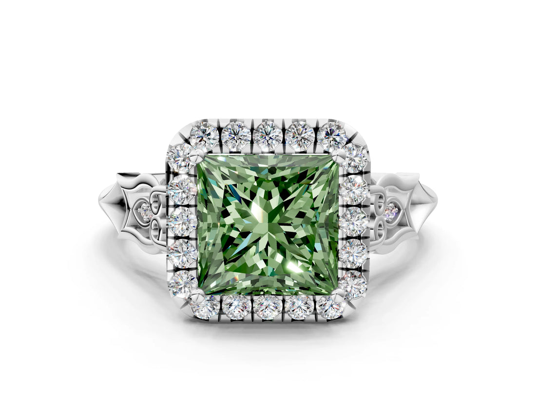 White gold Fancy Green Princess  Halo Diamond Engagement Ring with Filigree Band and Four-Prong Setting_105