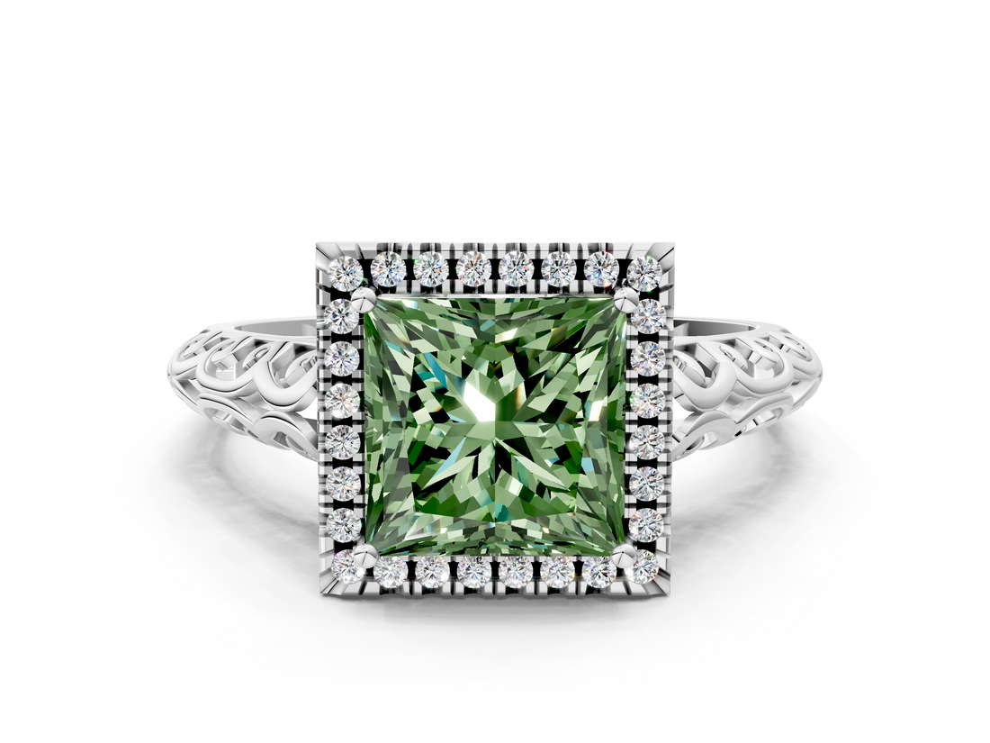 White gold Fancy Green Princess  Halo Diamond Engagement Ring with Intricate Filigree Band and Four-Prong Setting