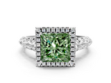 White gold Fancy Green Princess  Halo Diamond Engagement Ring with Intricate Filigree Band and Four-Prong Setting