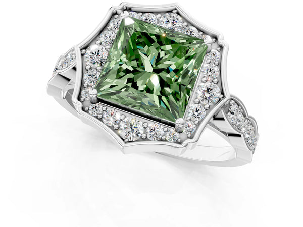 Platinum Fancy Green Princess  Halo Diamond Engagement Ring with Milgrain Band and Four-Prong Setting