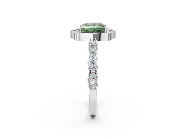 Platinum Fancy Green Princess  Halo Diamond Engagement Ring with Milgrain Band and Four-Prong Setting
