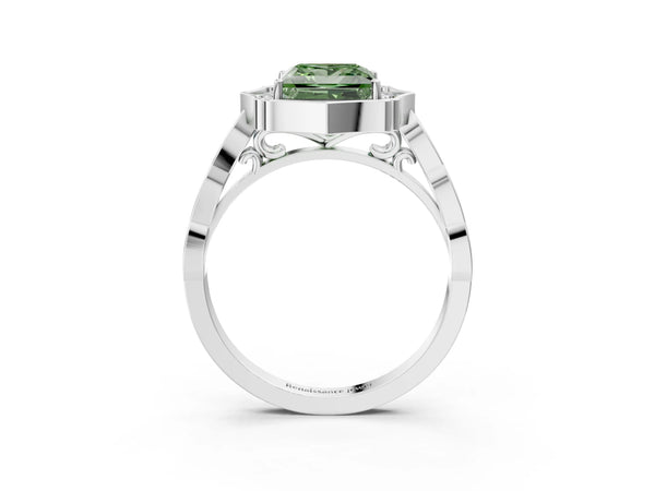 Platinum Fancy Green Princess  Halo Diamond Engagement Ring with Milgrain Band and Four-Prong Setting