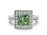 White gold Fancy Green Princess  Halo Diamond Engagement Ring with Milgrain Pave Band and Four-Prong Setting_123