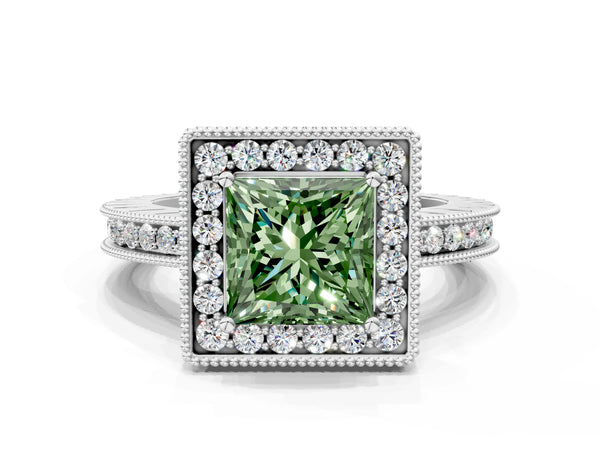 White gold Fancy Green Princess  Halo Diamond Engagement Ring with Milgrain Pave Band and Four-Prong Setting