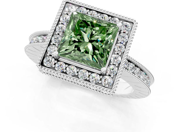 White gold Fancy Green Princess  Halo Diamond Engagement Ring with Milgrain Pave Band and Four-Prong Setting