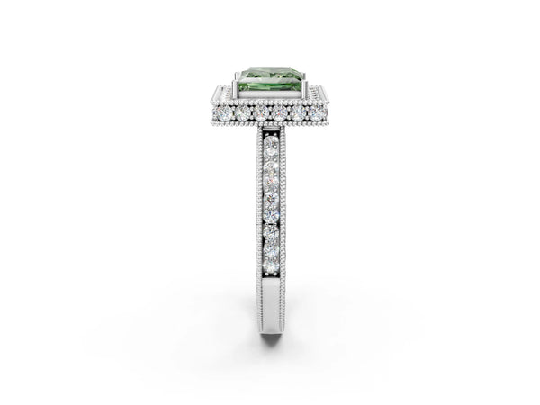 White gold Fancy Green Princess  Halo Diamond Engagement Ring with Milgrain Pave Band and Four-Prong Setting
