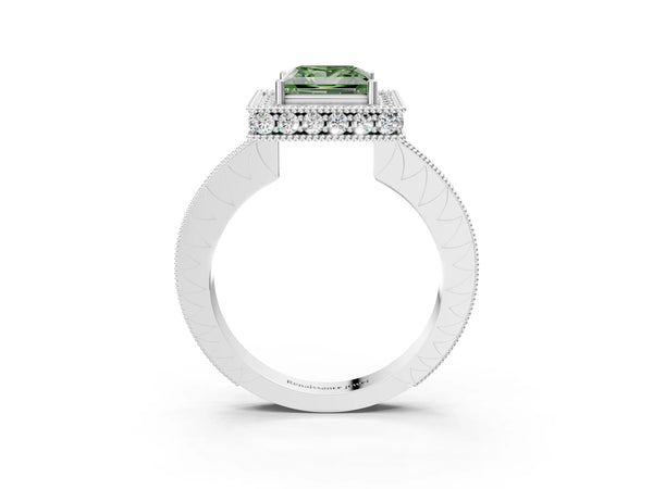 White gold Fancy Green Princess  Halo Diamond Engagement Ring with Milgrain Pave Band and Four-Prong Setting