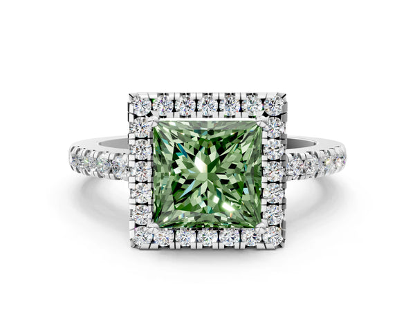 White gold Fancy Green Princess  Halo Diamond Engagement Ring with Pavé Band and Four-Prong Setting