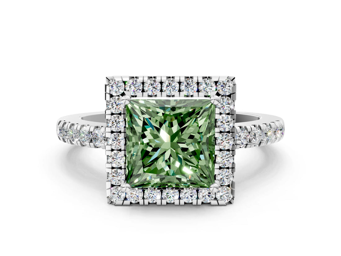 White gold Fancy Green Princess  Halo Diamond Engagement Ring with Pavé Band and Four-Prong Setting_123