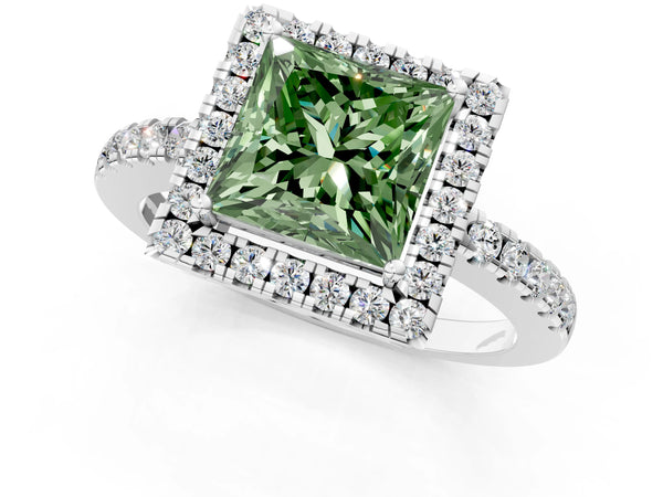 White gold Fancy Green Princess  Halo Diamond Engagement Ring with Pavé Band and Four-Prong Setting