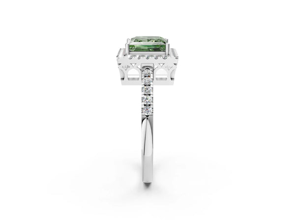 White gold Fancy Green Princess  Halo Diamond Engagement Ring with Pavé Band and Four-Prong Setting