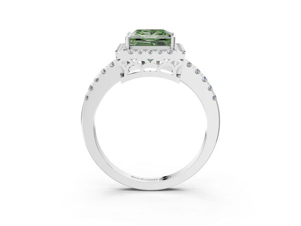 White gold Fancy Green Princess  Halo Diamond Engagement Ring with Pavé Band and Four-Prong Setting