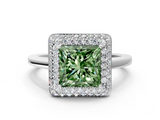 White gold Fancy Green Princess  Halo Diamond Engagement Ring with Solitaire Band and Four-Prong Setting