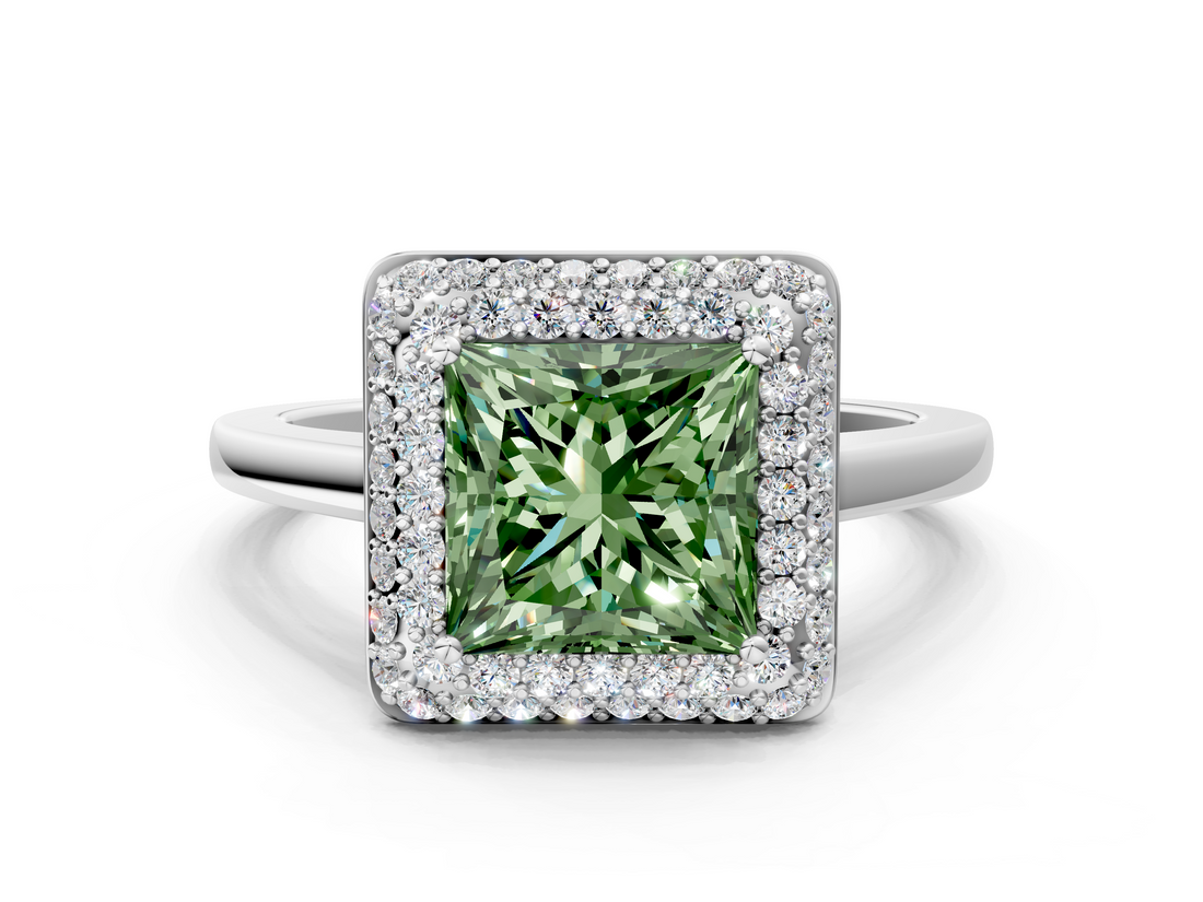 White gold Fancy Green Princess  Halo Diamond Engagement Ring with Solitaire Band and Four-Prong Setting