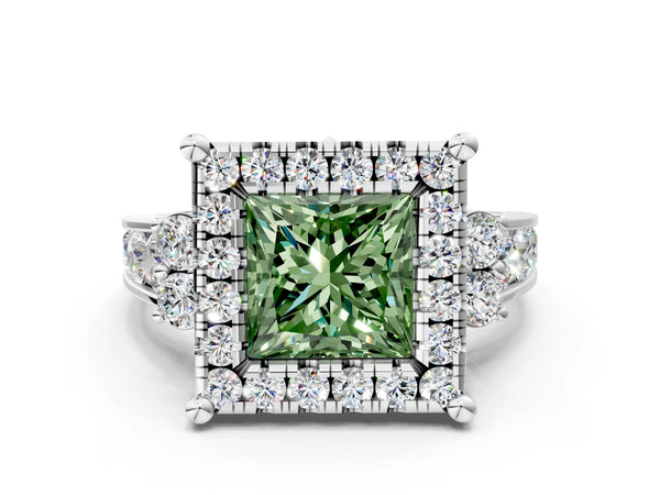 Platinum Fancy Green Princess  Halo Diamond Engagement Ring with Split Shank and Four-Prong Setting