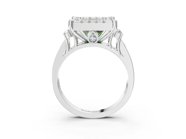Platinum Fancy Green Princess  Halo Diamond Engagement Ring with Split Shank and Four-Prong Setting