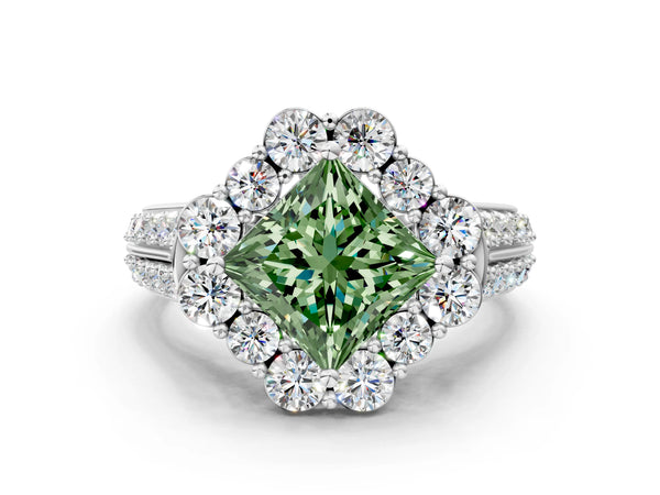 Platinum Fancy Green Princess  Halo Diamond Engagement Ring with Split Shank and Prong Setting