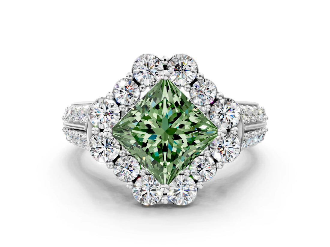 White gold Fancy Green Princess  Halo Diamond Engagement Ring with Split Shank and Prong Setting_29
