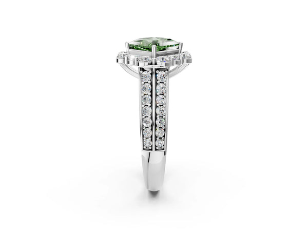 Platinum Fancy Green Princess  Halo Diamond Engagement Ring with Split Shank and Prong Setting