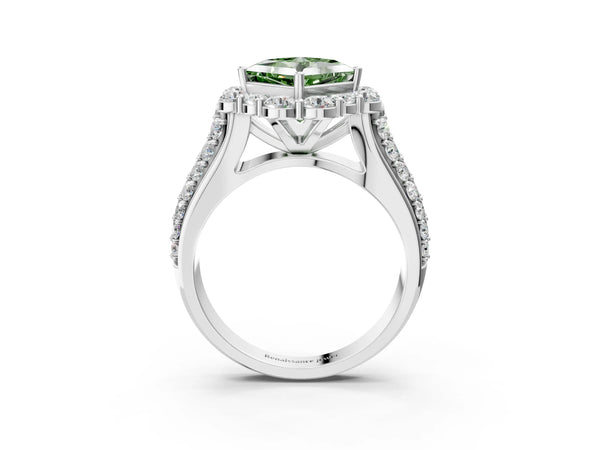 Platinum Fancy Green Princess  Halo Diamond Engagement Ring with Split Shank and Prong Setting