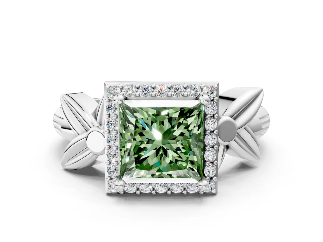 White gold Fancy Green Princess  Halo Diamond Floral Band with Four-Prong Setting_35