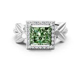White gold Fancy Green Princess  Halo Diamond Floral Band with Four-Prong Setting_35