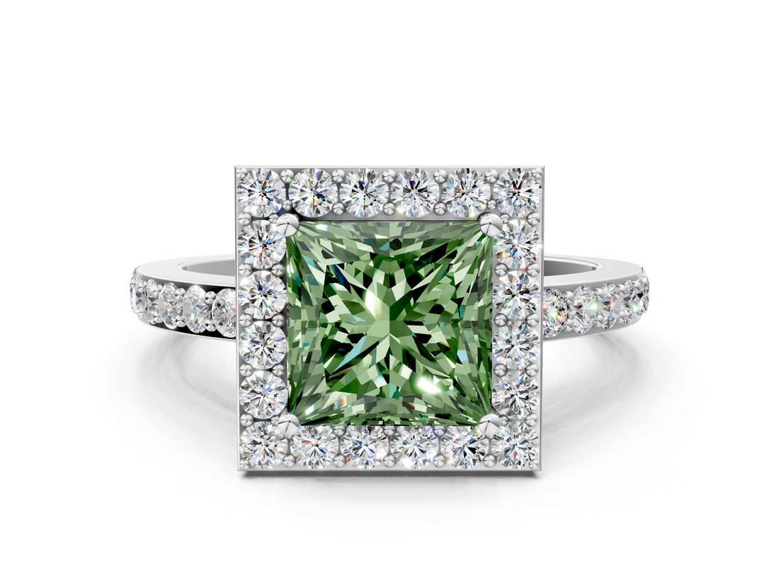 White gold Fancy Green Princess  Halo Diamond Pavé Band Ring with Prong Setting