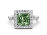 White gold Fancy Green Princess  Halo Diamond Pavé Band Ring with Prong Setting