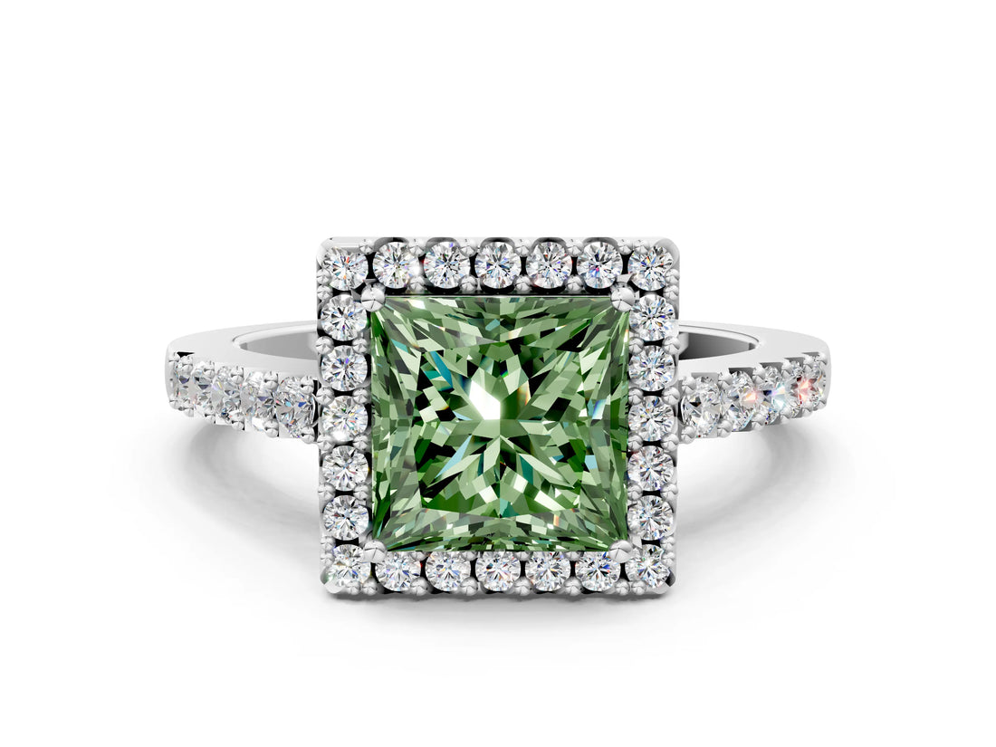 White gold Fancy Green Princess  Halo Diamond Pavé Solitaire Ring_57