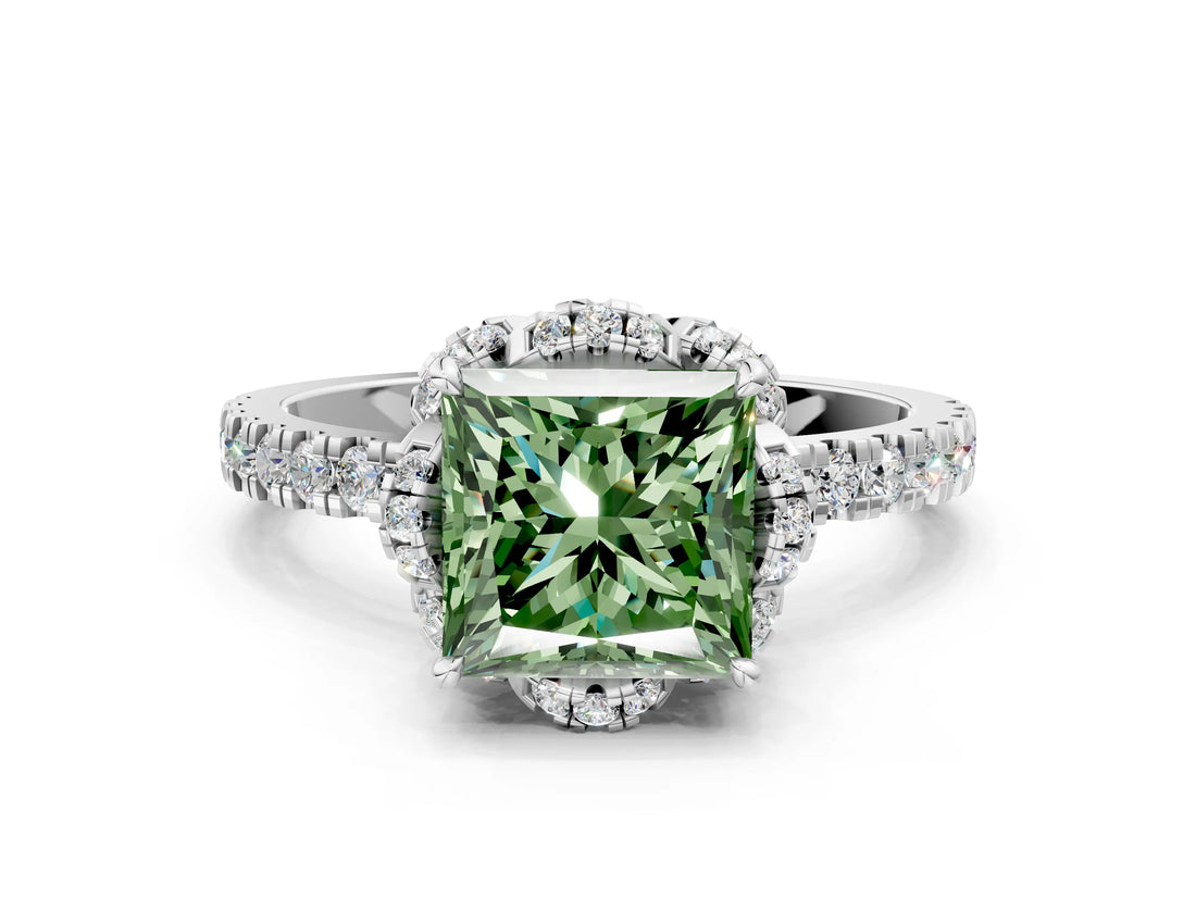 White gold Fancy Green Princess  Halo Diamond Pave Band Ring with Four-Prong Setting_15