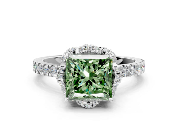 White gold Fancy Green Princess  Halo Diamond Pave Band Ring with Four-Prong Setting