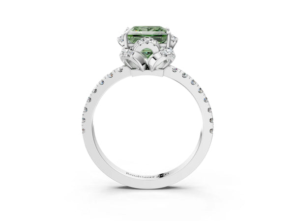 White gold Fancy Green Princess  Halo Diamond Pave Band Ring with Four-Prong Setting