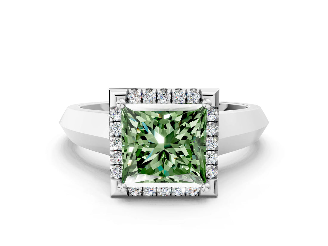 White gold Fancy Green Princess  Halo Diamond Ring with Cathedral Band and Four-Prong Setting_29