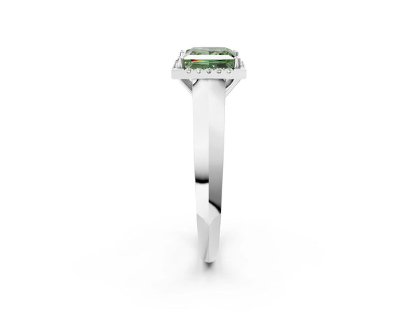 Platinum Fancy Green Princess  Halo Diamond Ring with Cathedral Band and Four-Prong Setting