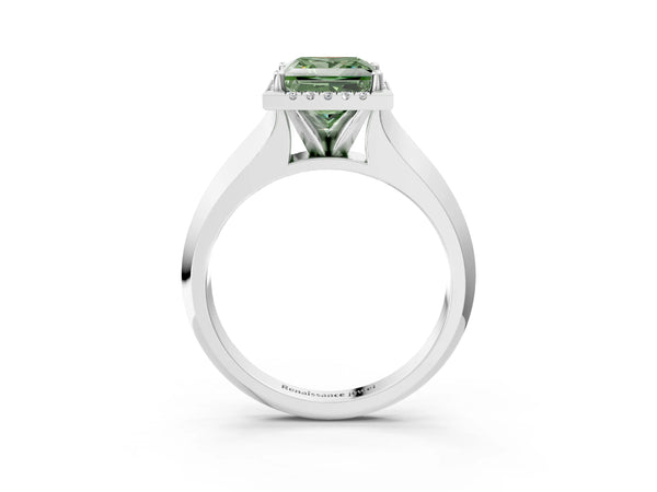 Platinum Fancy Green Princess  Halo Diamond Ring with Cathedral Band and Four-Prong Setting