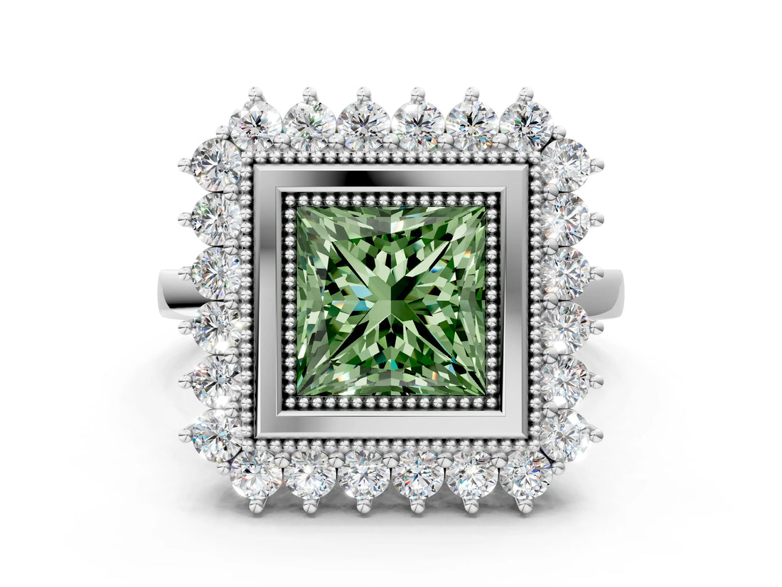 White gold Fancy Green Princess  Halo Diamond Ring with Milgrain Edge and Round Prong Setting_35